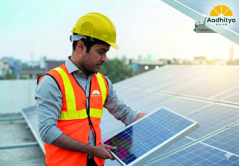 Aadhitya Solar technician installing a solar panel