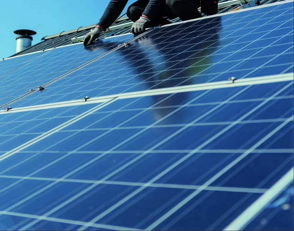 Detail of a rooftop solar array under installation