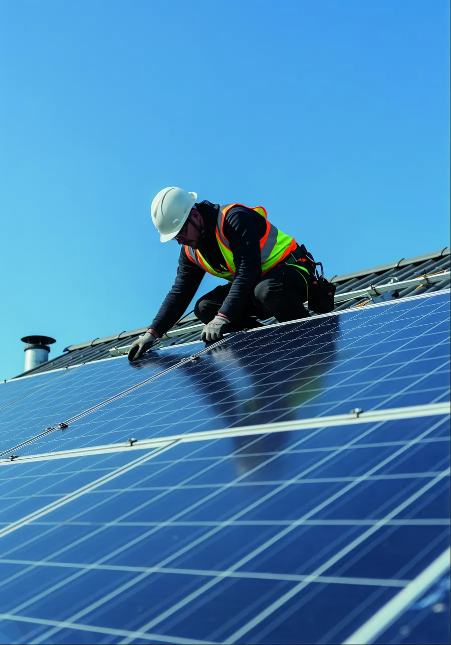 Aadhitya Solar engineer working on rooftop solar array