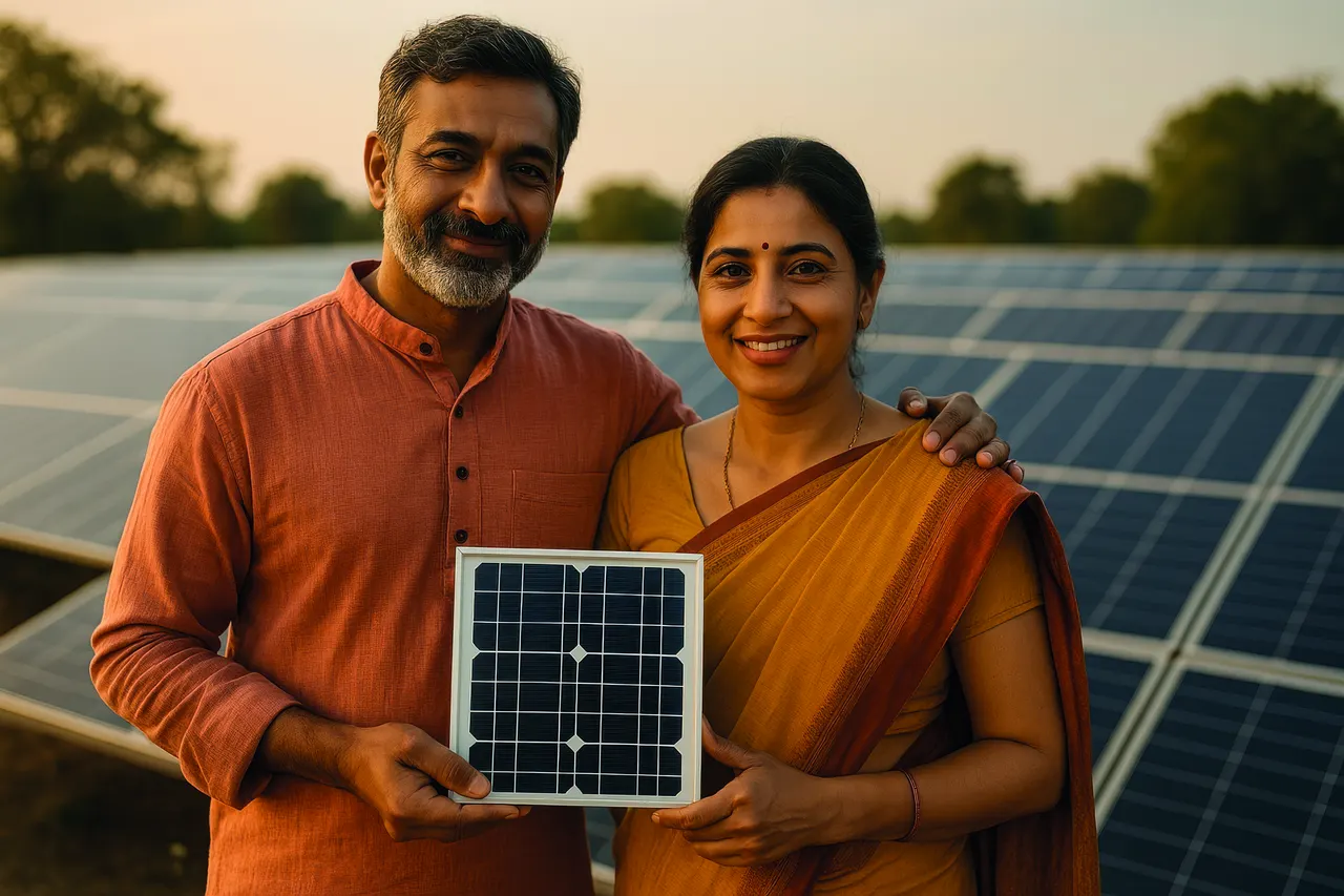 Happy customers at a solar installation by Aadhitya Solar